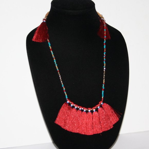 Beautiful brown, turquoise and red tassel necklace adjustable - Picture 1 of 5